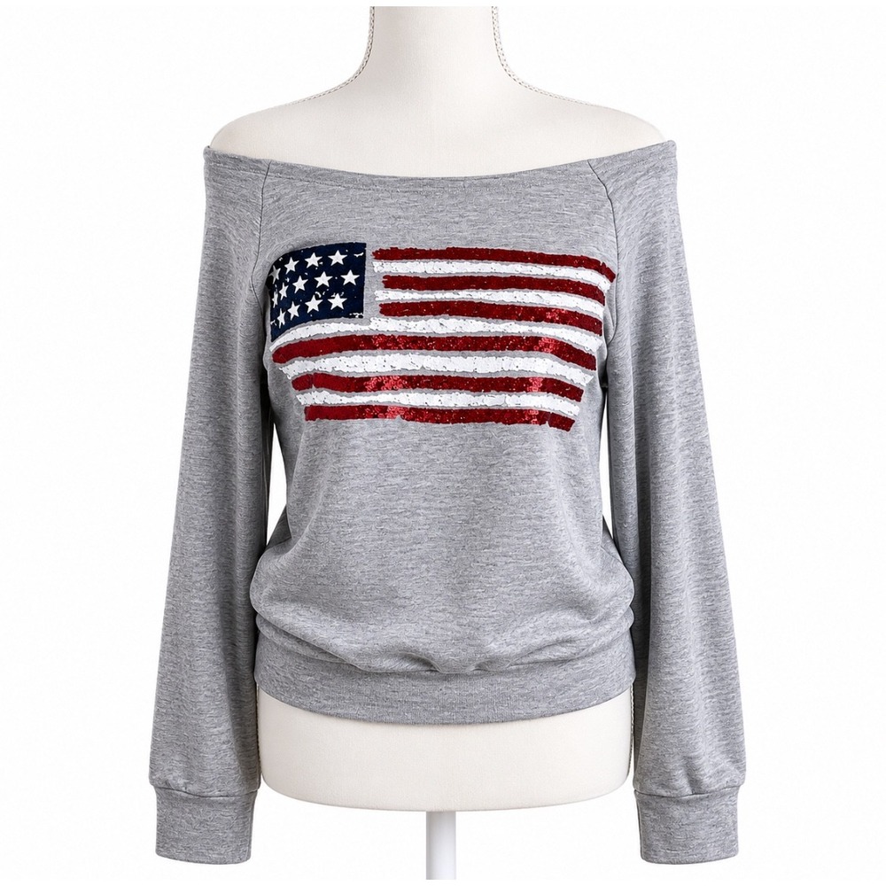 Vtg Mossimo Y2k Patriotic Sweatshirt M Off Shoulder Bardot Crop Sparkle USA Flag